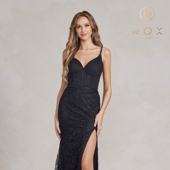 NEW LONG OFF THE SHOULDER SLEEVELESS EMBROIDERED DRESS WITH ZIPPER BACK NX B1145 - Picture 4 of 9